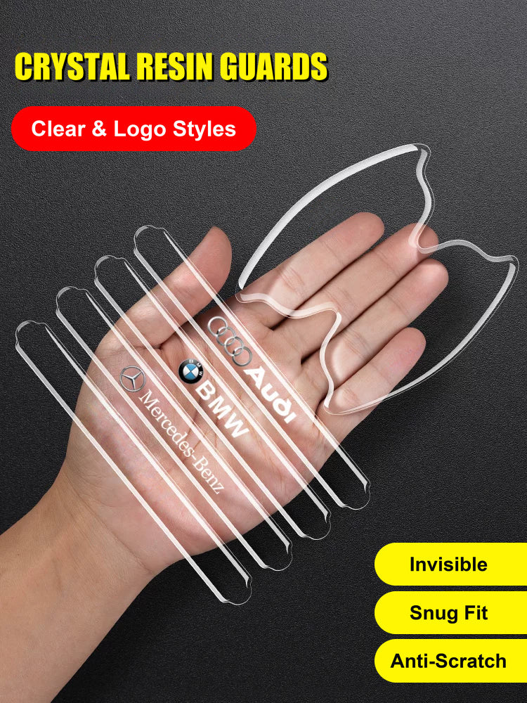 Crystal resin door handle guards with Audi, BMW and Mercedes-Benz logo strips