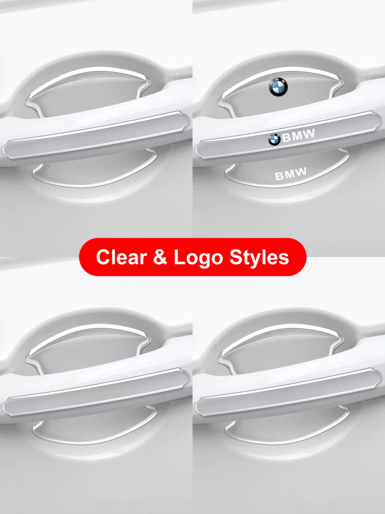 Door cup guards fitted on a white car, clear and BMW logo styles