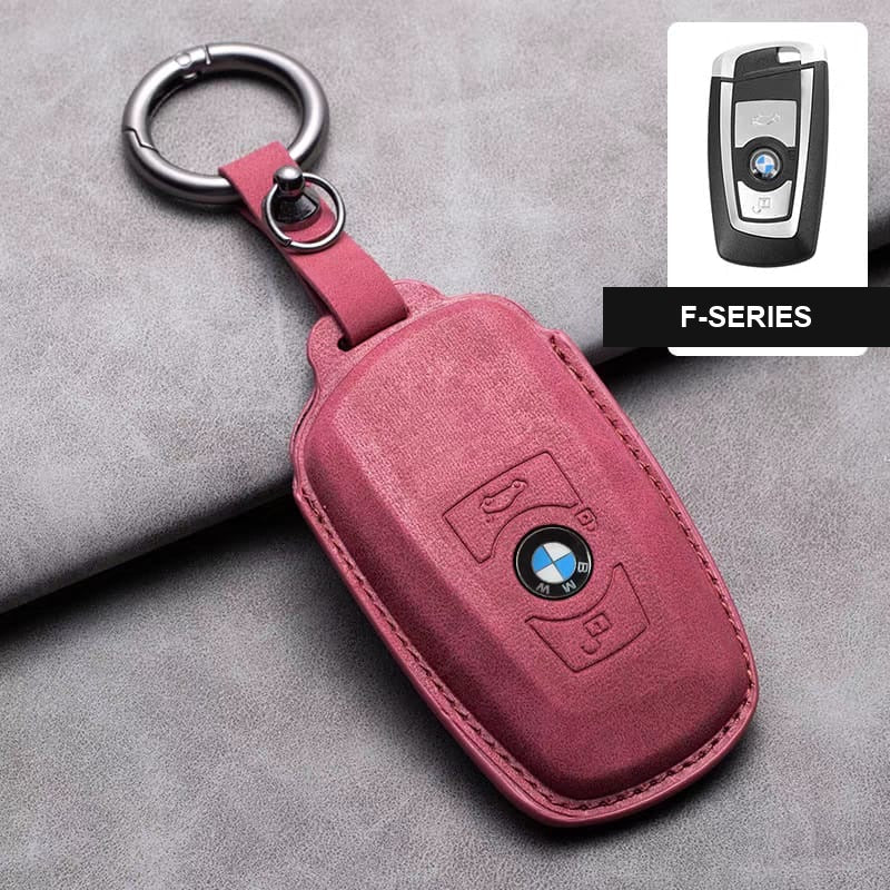 BMW leather key fob cover in maroon red, F-Series shape with keyring