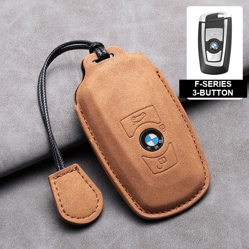 BMW brown-tan leather key case, F-Series 3-button key, cord buckle