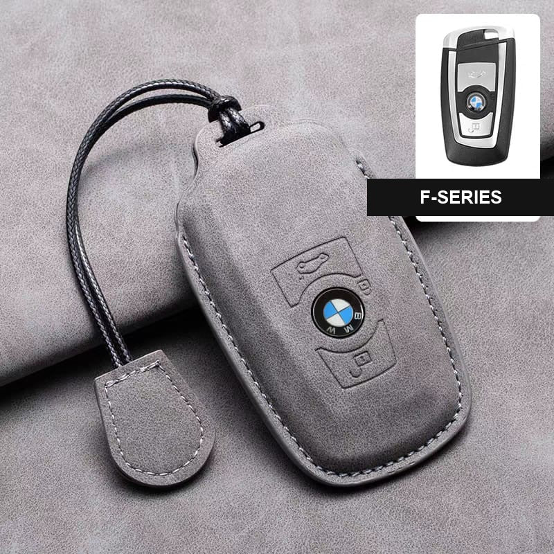 BMW leather key fob cover in gray, F-Series shape with wrist strap