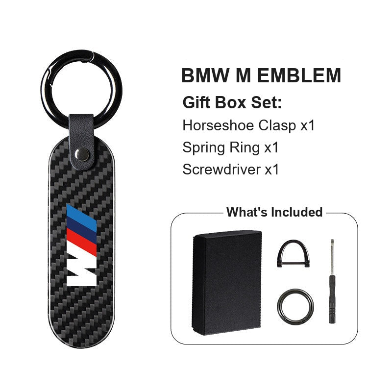 BMW M emblem carbon fiber keychain with leather strap and keyring
