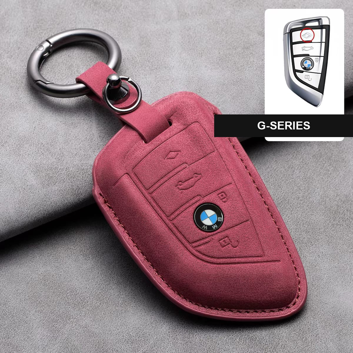 BMW leather key fob cover in maroon red, G-Series shape with keyring