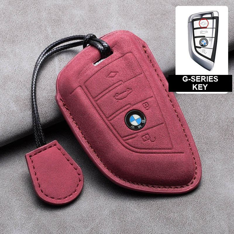 BMW red leather key case, G-Series key, cord buckle