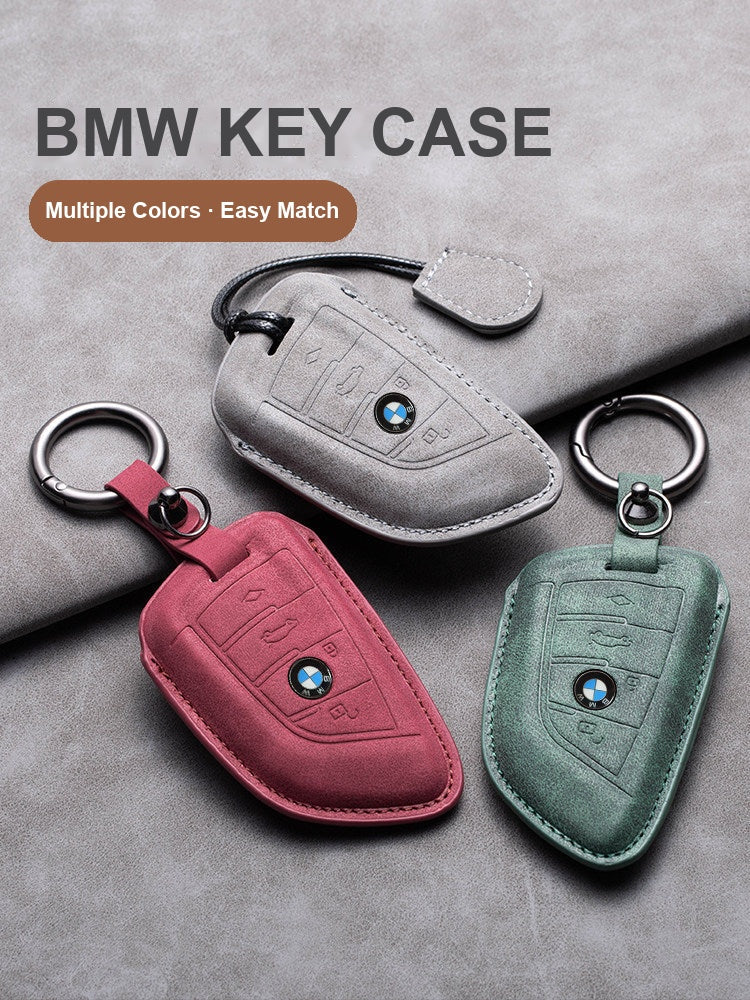 BMW leather key fob case in multiple colors, gray red green tan