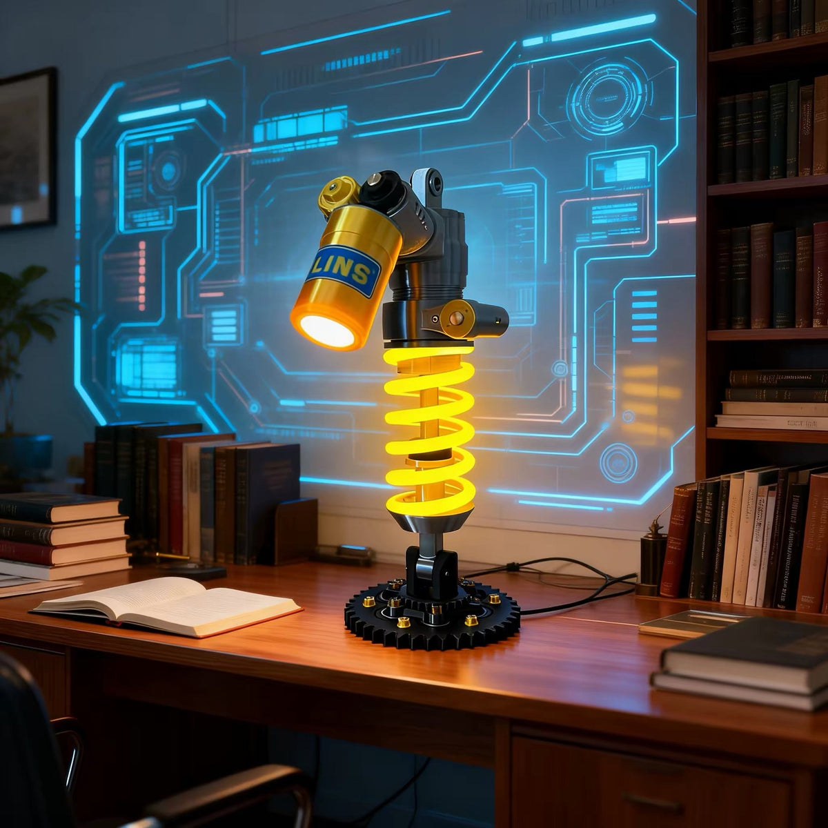 Suspension lamp glowing on a wooden desk in a home office
