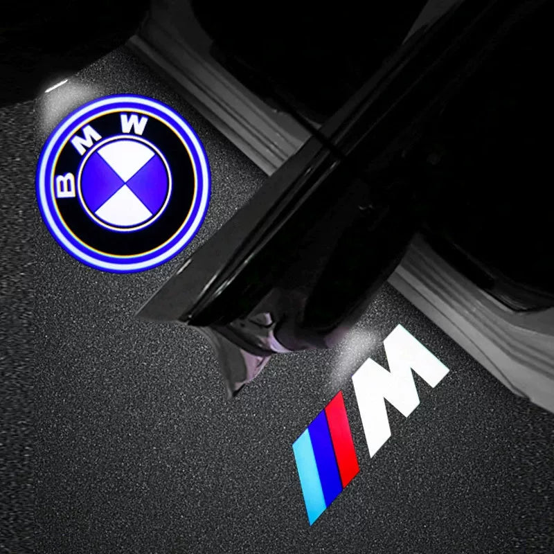 BMW logo door projector light, before and after brightness comparison