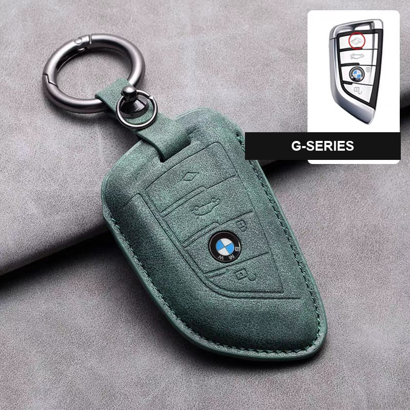 BMW leather key fob cover in green, G-Series shape with keyring