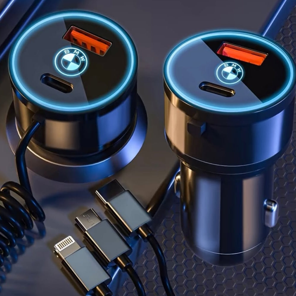 Two BMW car chargers side by side showing dual USB ports and detachable 3-in-1 charging cable