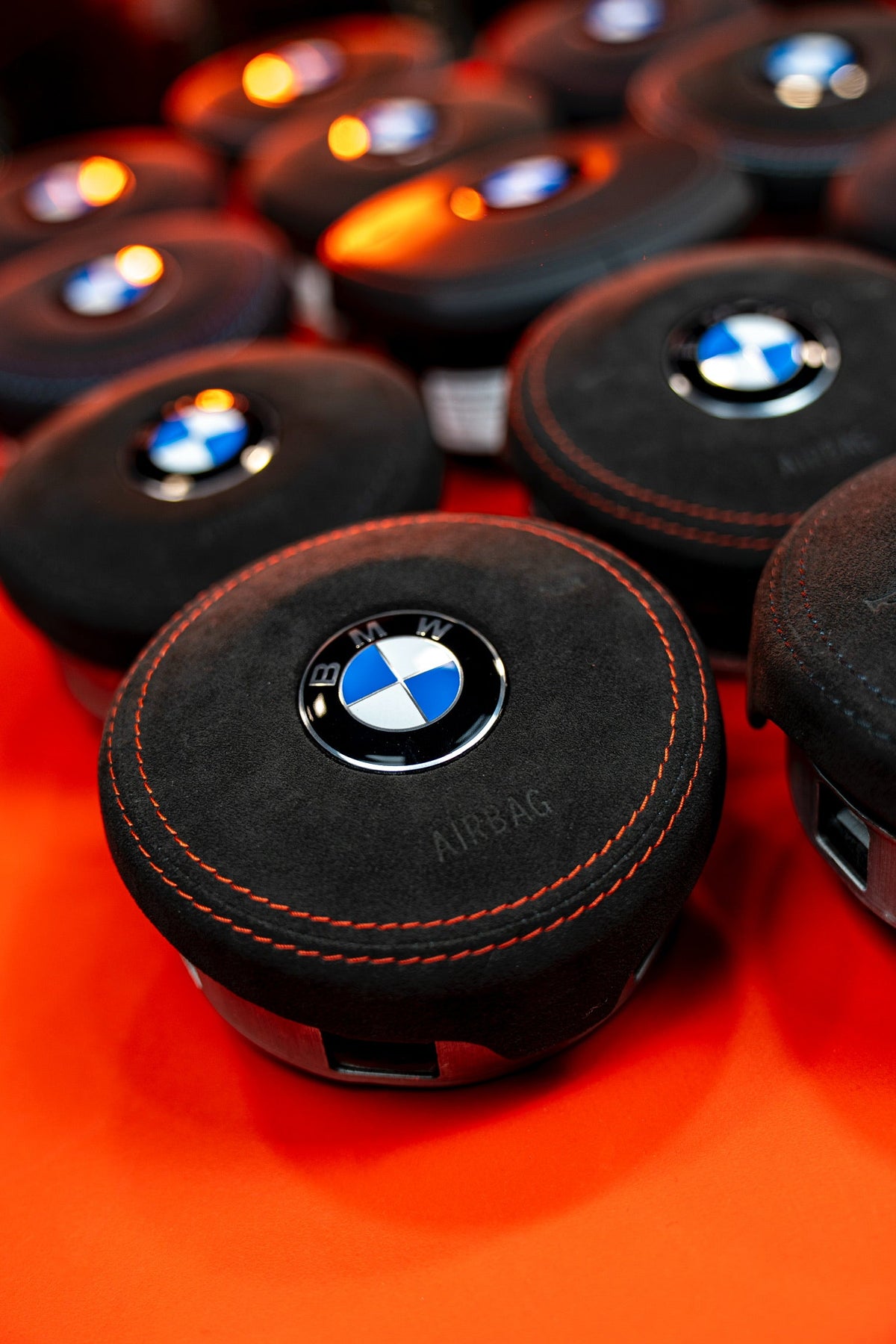 BMW F-Series Alcantara OEM Airbag Red Stitching - stock display