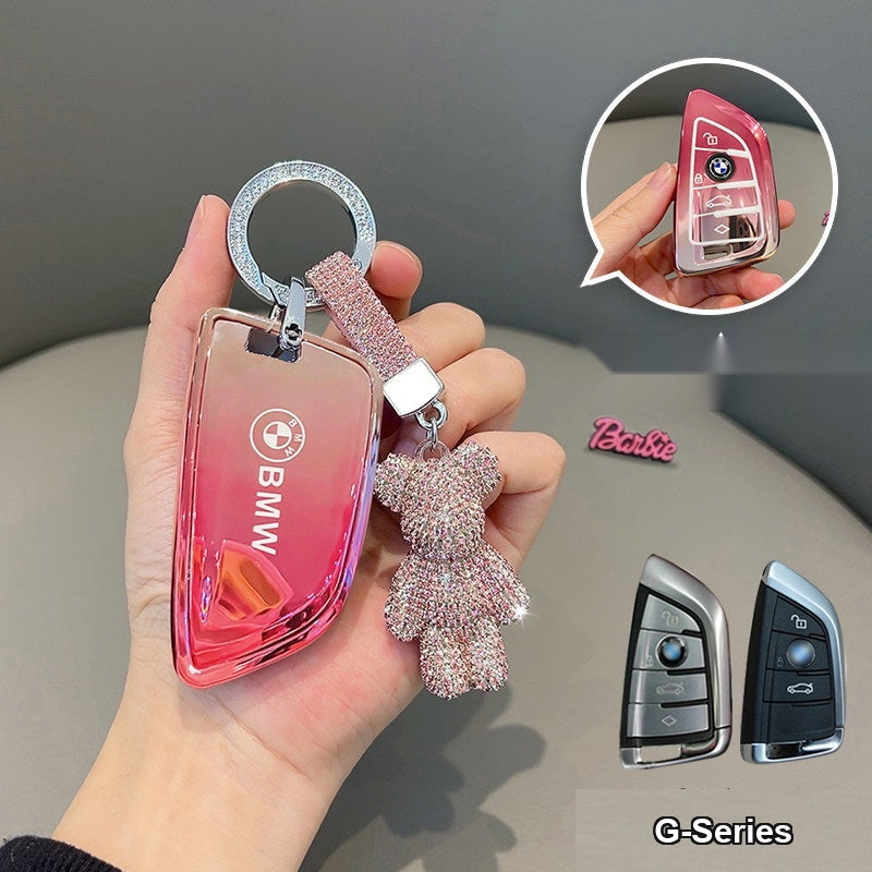 BMW clear glossy cherry blossom pink TPU key case with diamond-encrusted bear keychain, Style B shell