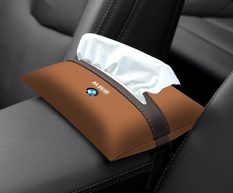Brown leather BMW tissue holder - single pack, mounted on headrest