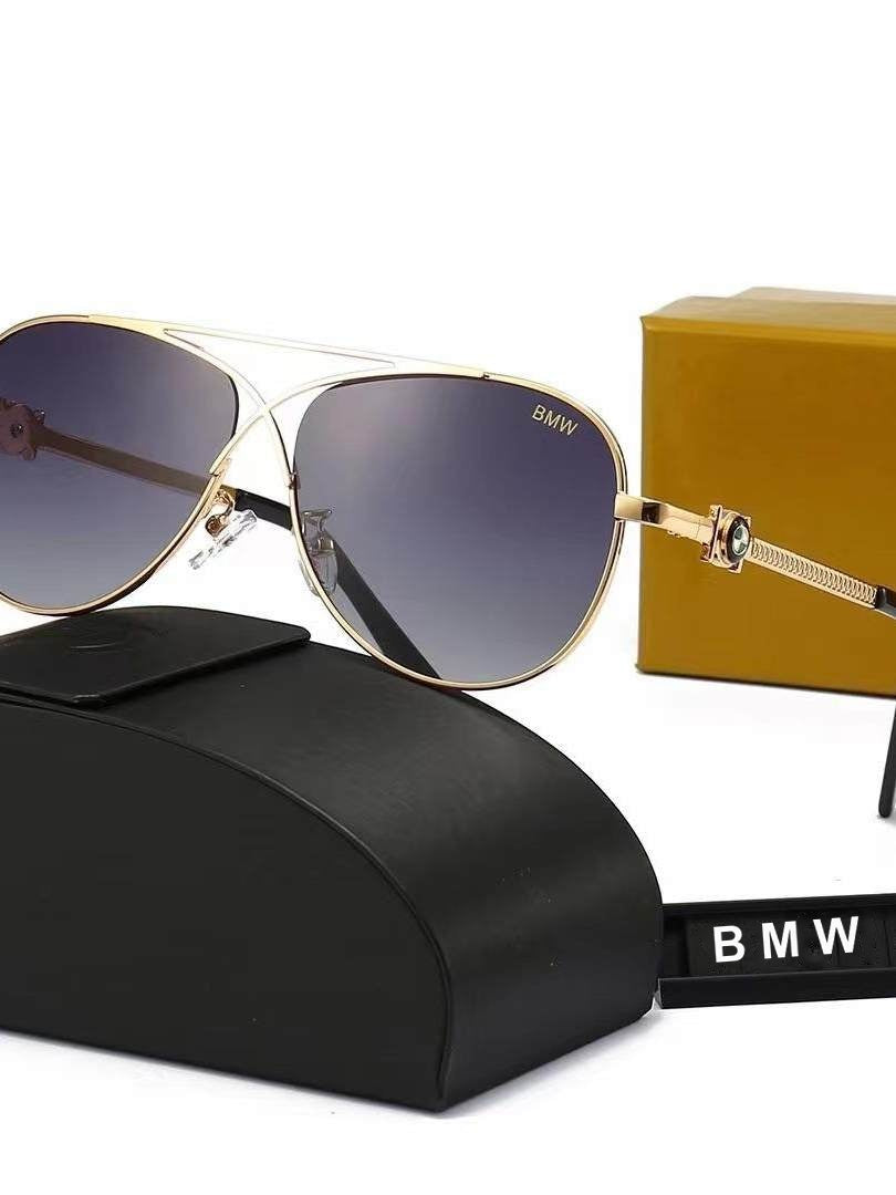 Gold frame BMW polarized aviator sunglasses with gray gradient lens case and box