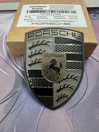Porsche Signature Smoked Gray Crest Hood Badge – Blackout Shield Emblem Edition