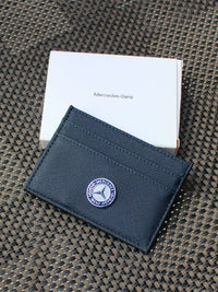 Mercedes-Benz Heritage Slim Card Holder – Navy Saffiano Finish with Classic Laurel Emblem