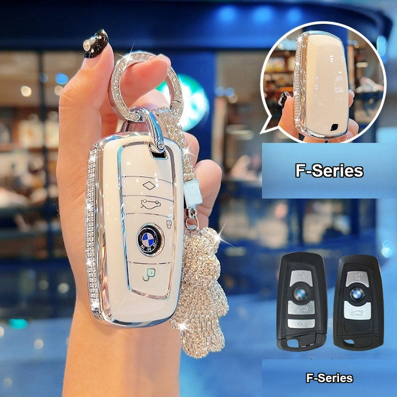 BMW key case Style A (F-Series) - Cream White/Silver Edge + Full Diamond Bear Charm