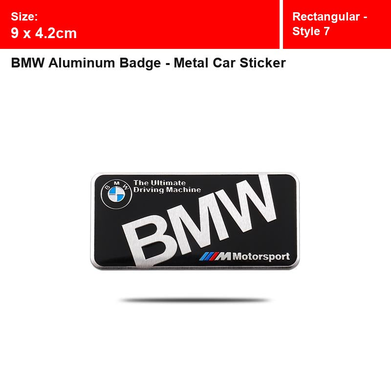 BMW aluminum badge, Rectangular - Style 7 design, size 9 x 4.2cm