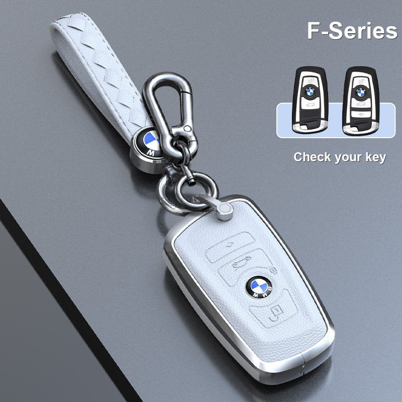 BMW genuine leather key fob case cover in Classic White for F-Series smart key with keychain - fits 3/5 Series, X1 X3 X5 X7, i5, 2 Series