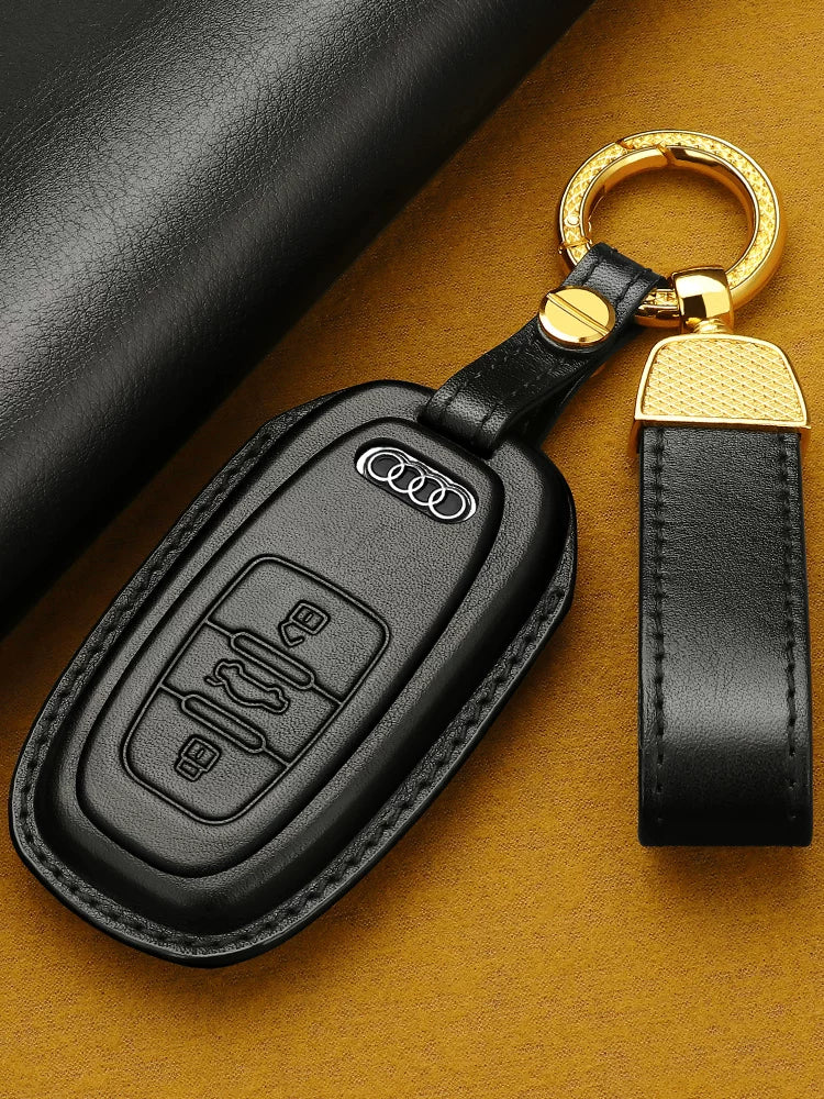 Audi Heritage Top-Grain Leather Key Case – Handcrafted Cowhide with Signature Keyring