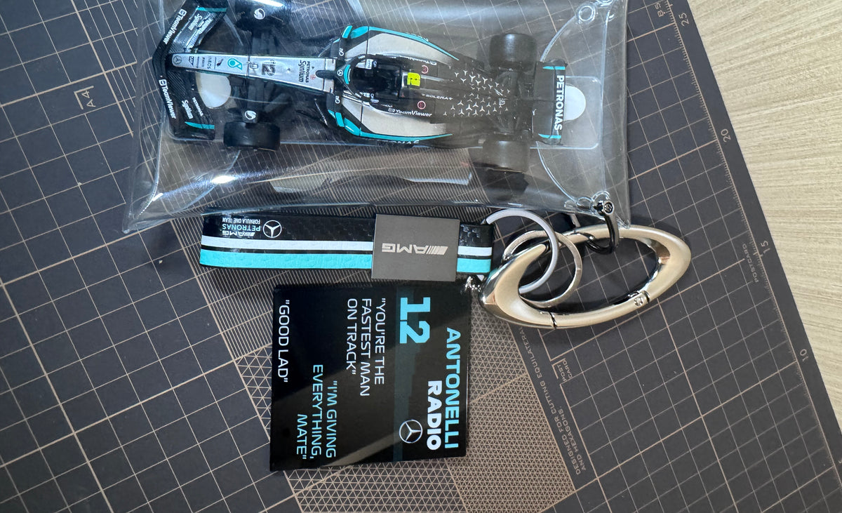 Collector set with F1 car keychain in clear pouch, AMG strap and metal clip