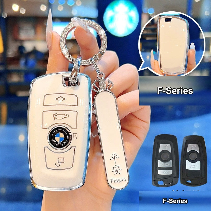 BMW key case Style A (F-Series) - Cream White/Silver Edge + Safety Number Plate (Alt)