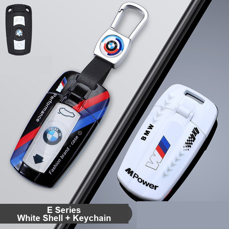BMW E-Series key fob case - white shell with keychain clasp
