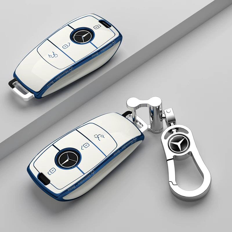 Mercedes-Benz Riviera Two-Tone Key Case – Ivory White – Blue Trim, Slim Script with Chrome Star Clasp