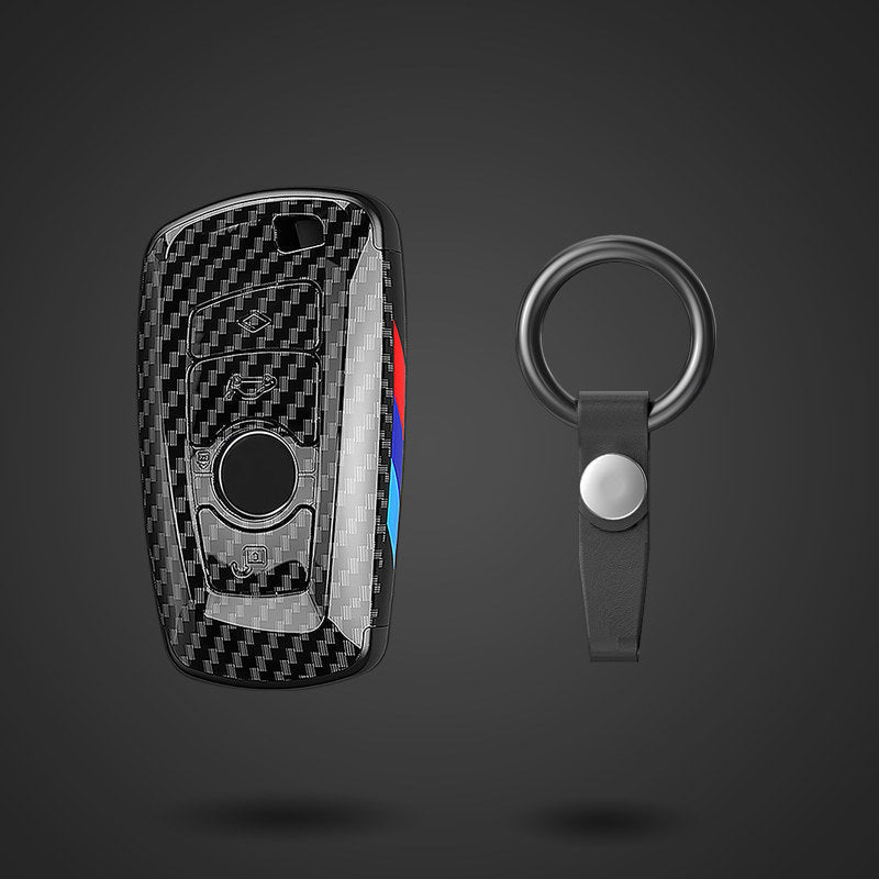 BMW Square key fob case in black carbon fiber with ring keychain