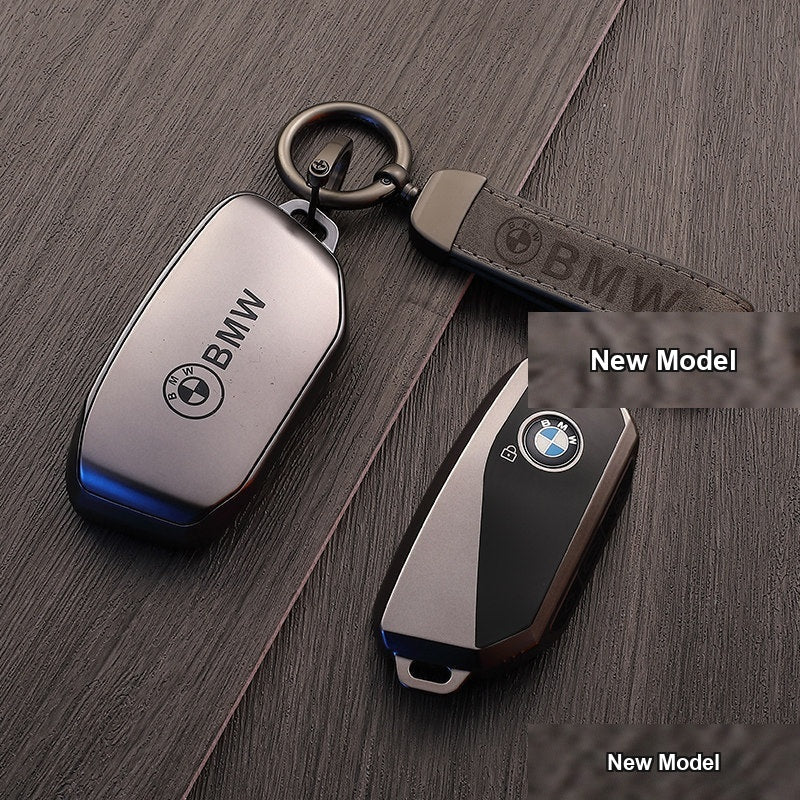 BMW key case New Model - Gun Black + Car Logo Leather Cord