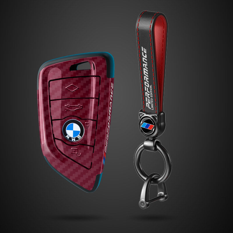 BMW Blade key fob case in red carbon fiber with leather strap keychain