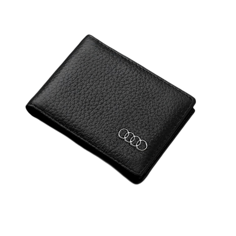 Black leather licence and card holder with Audi emblem