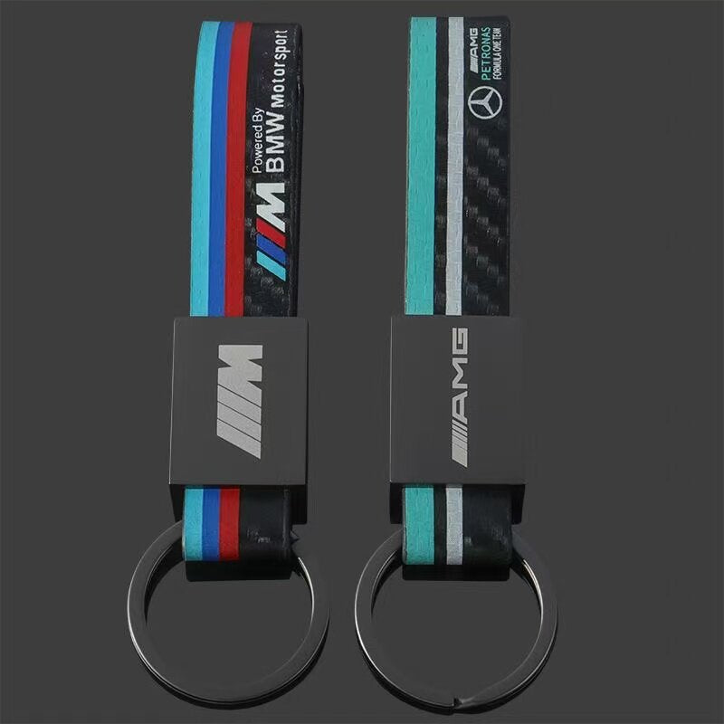 BMW M three-color sports logo Mercedes-Benz AMG leather carbon fiber pattern car modified car logo metal keychain pendant