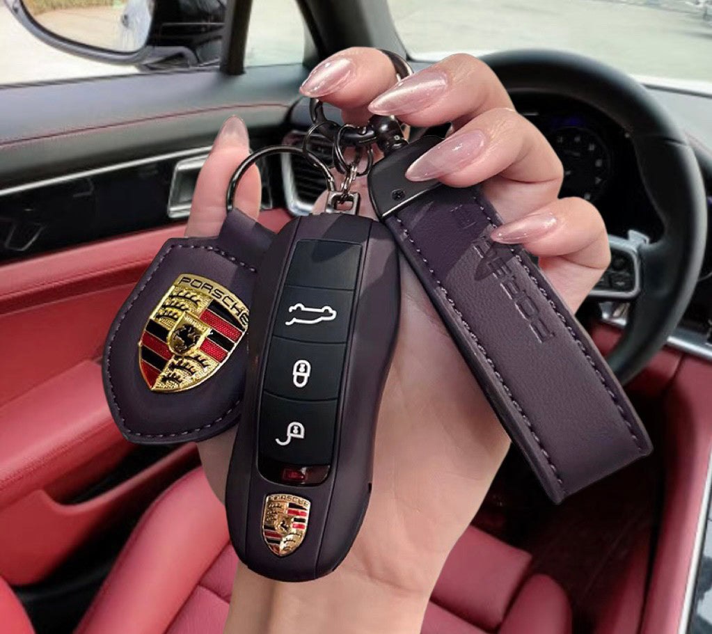 Porsche Key Case Set – Glossy Shell with Wrist Strap and Crest Keychain for Macan, Cayenne, Panamera, 911, Taycan and 718