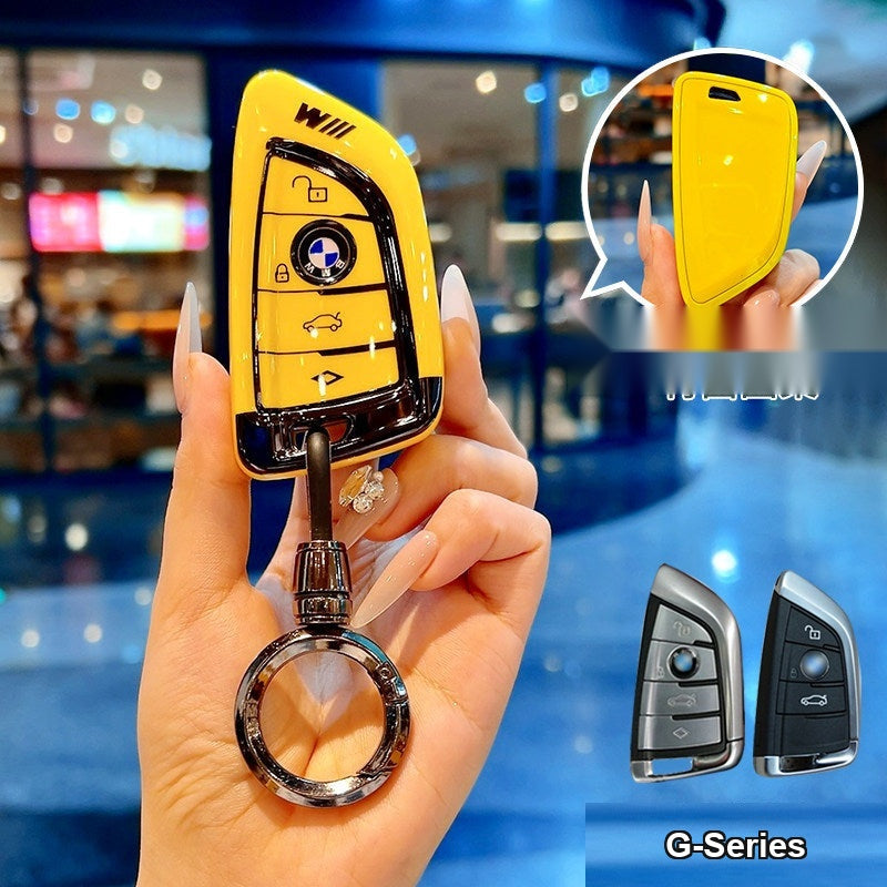 BMW smart key fob yellow TPU case with bullet round buckle keychain