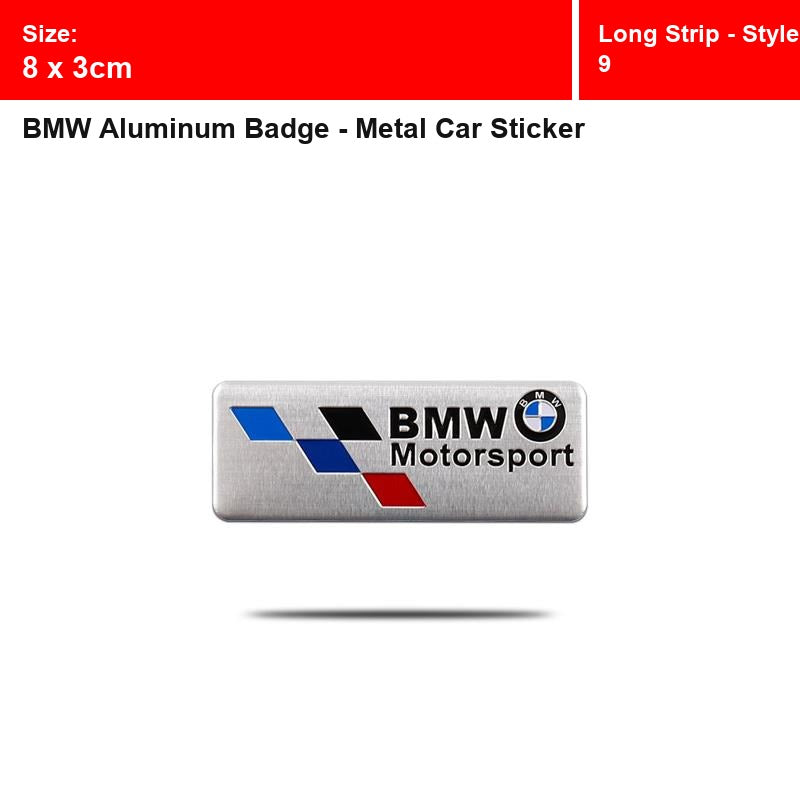 BMW aluminum badge, Long Strip - Style 9 design, size 8 x 3cm
