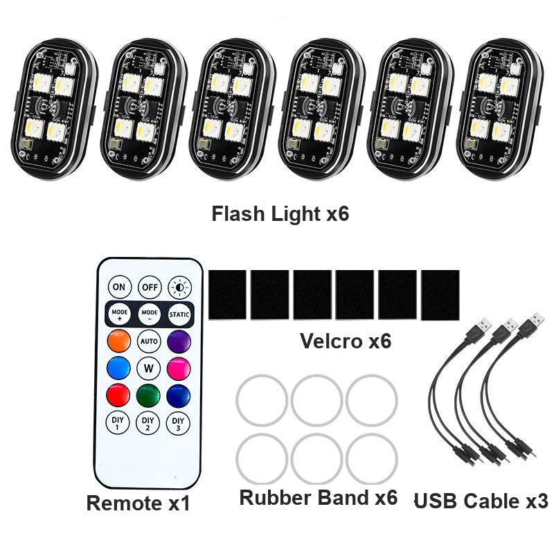 6-piece wireless RGB LED strobe light kit with remote control and mounting accessories