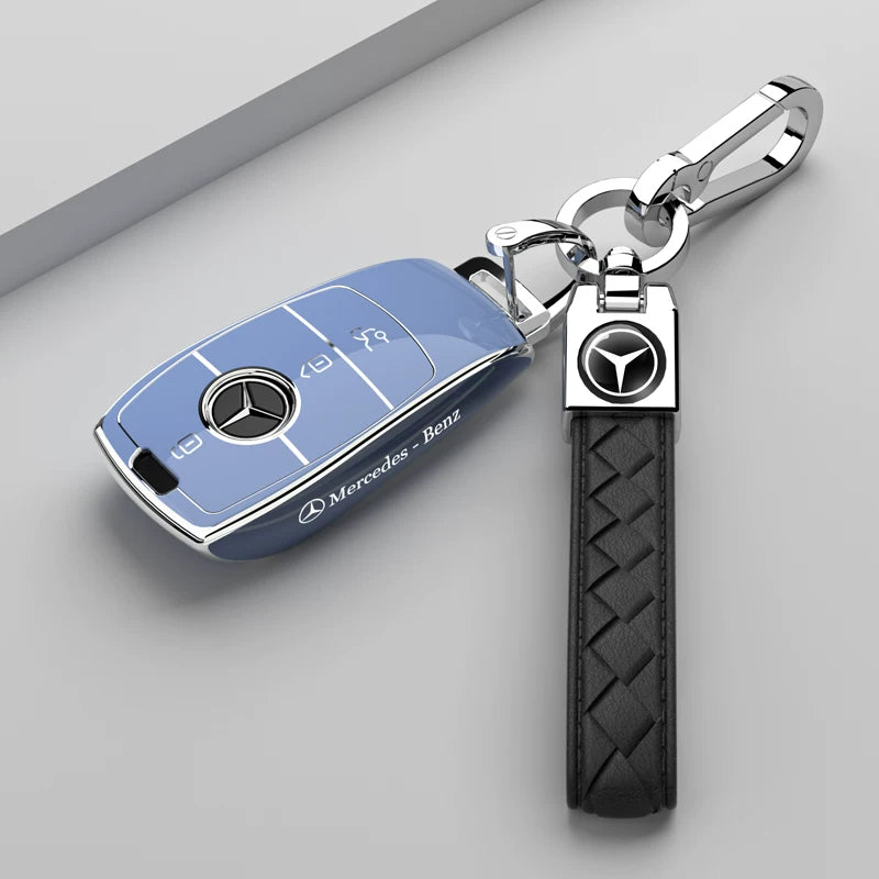 Mercedes-Benz Riviera Two-Tone Key Case – Peak Blue – Silver Trim with Black Woven Strap