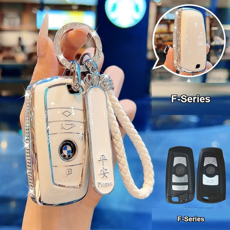 BMW key case Style A (F-Series) - Cream White/Silver Edge + Safety Number Tag & Diamond Braided Cord