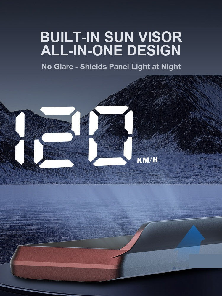 GPS HUD with built-in sun visor and all-in-one design showing 120 km/h reading