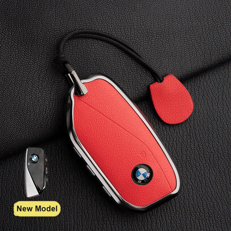BMW New Model key fob case in Grapefruit Red ALRAN French goat leather with Simple Rope Strap - fits X1 X3 X5 X7, 5/7 Series, 740Li, i7
