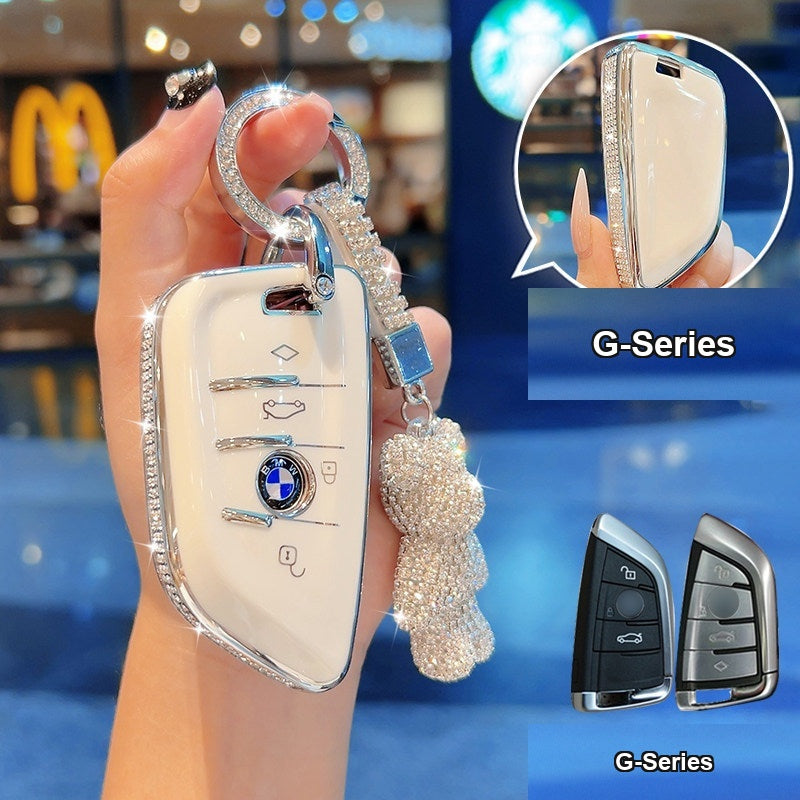 BMW key case Style B (G-Series) - Cream White/Silver Edge + Full Diamond Bear Charm