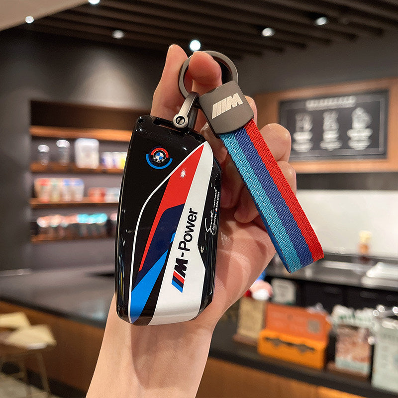 BMW M-Power design key case shell in black with fabric keychain strap