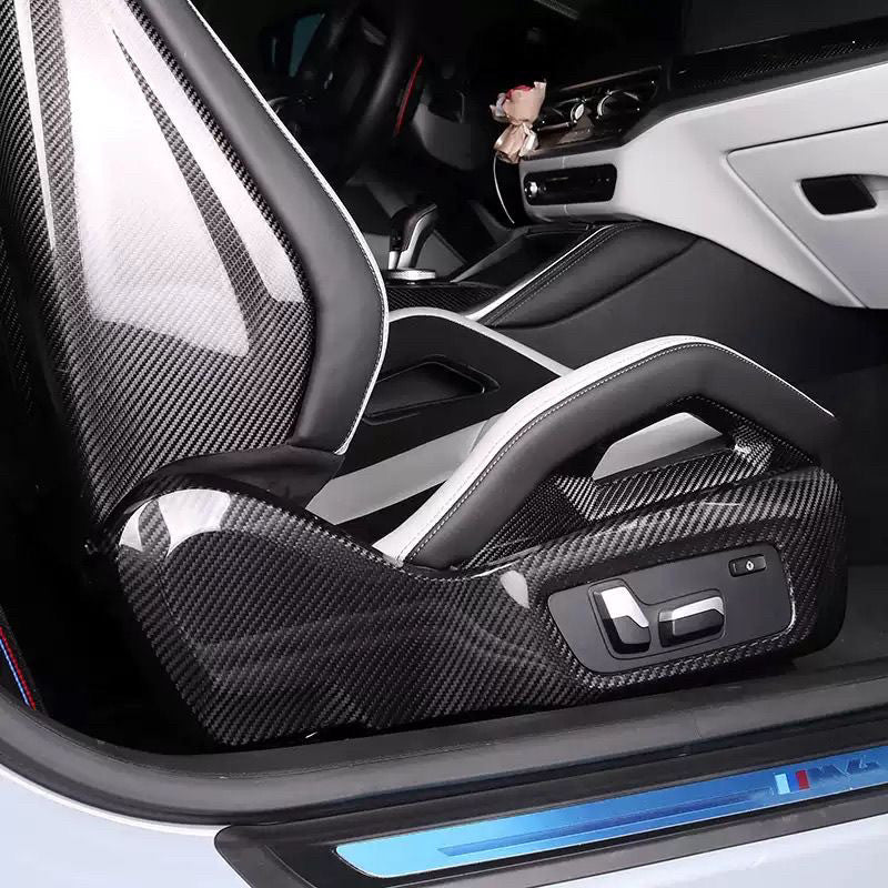 BMW G82 M4 carbon fiber seat side panel fitted on sport bucket seat
