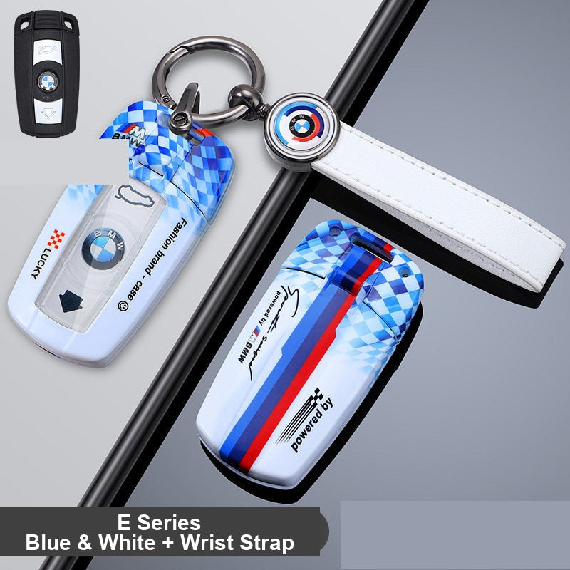 BMW E-Series key fob case - blue and white shell with wrist strap