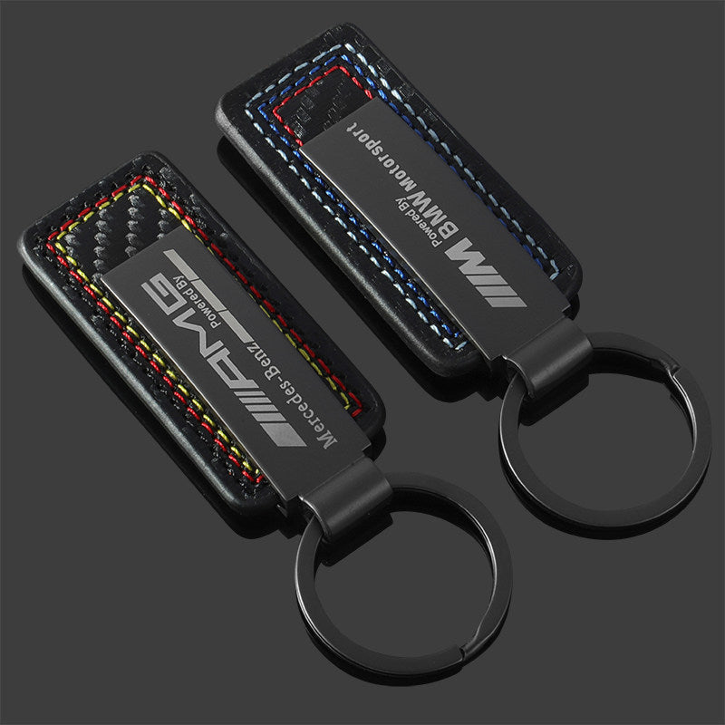 Motorsport Signature Keychain – BMW M or Mercedes-AMG Carbon Leather with Tri-Colour Stitching