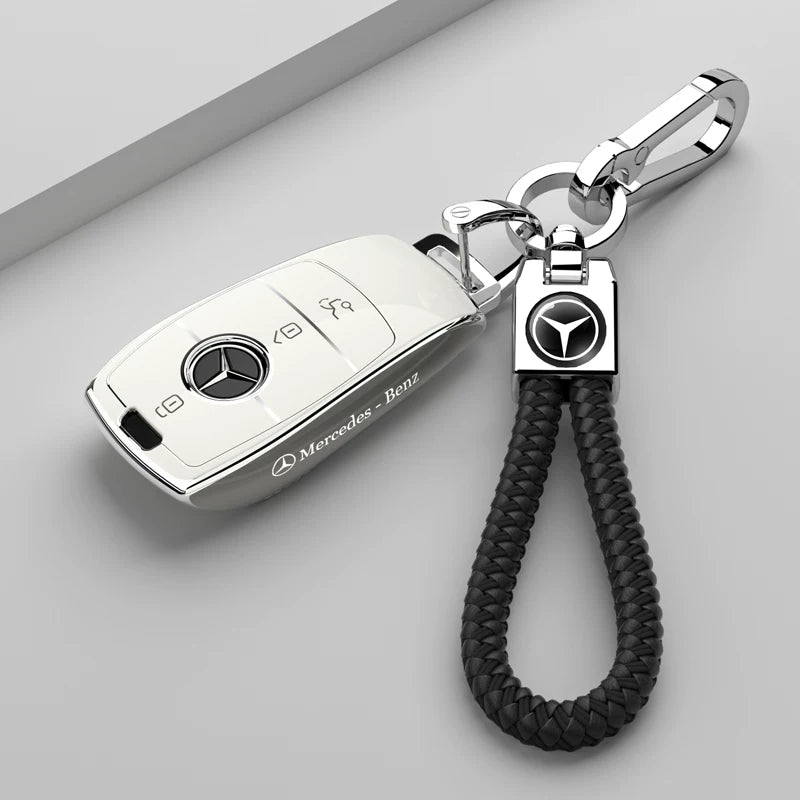 Mercedes-Benz Riviera Two-Tone Key Case – Ivory White – Silver Trim with Black Braided Strap