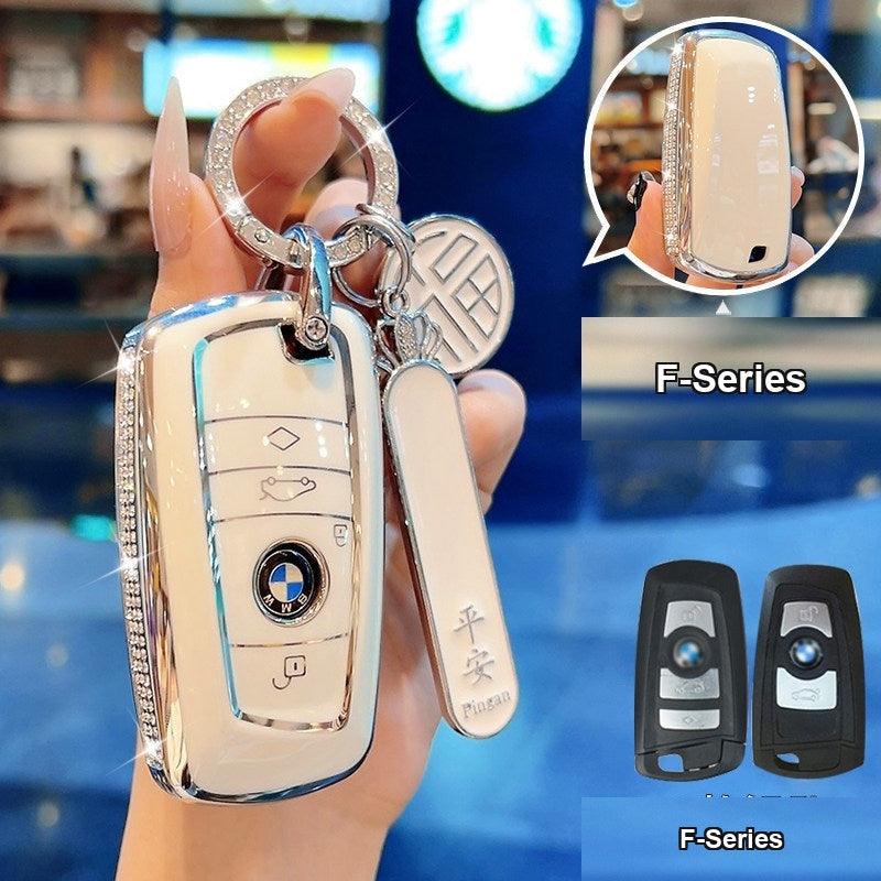 BMW key case Style A (F-Series) - Cream White/Silver Edge + 'Pingan' Safety Number Plate