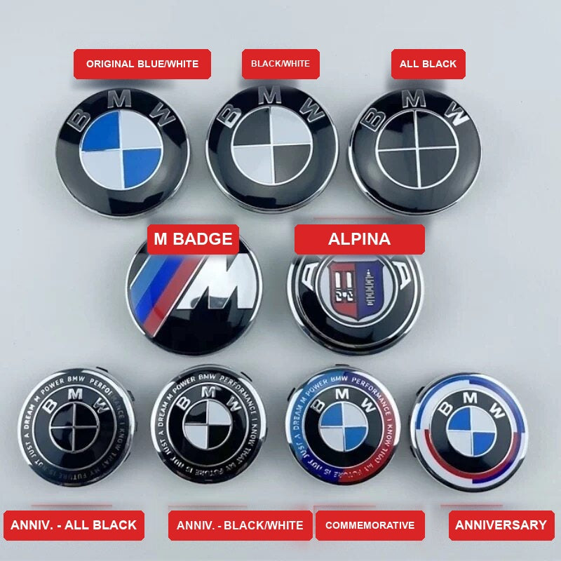 BMW wheel cap style guide - blue/white, black/white, all black, M badge, Alpina, anniversary editions