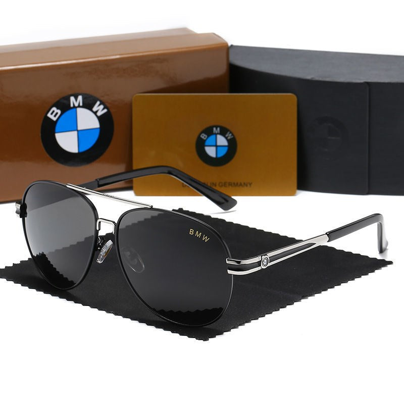 Black and silver frame BMW polarized aviator sunglasses gray lens