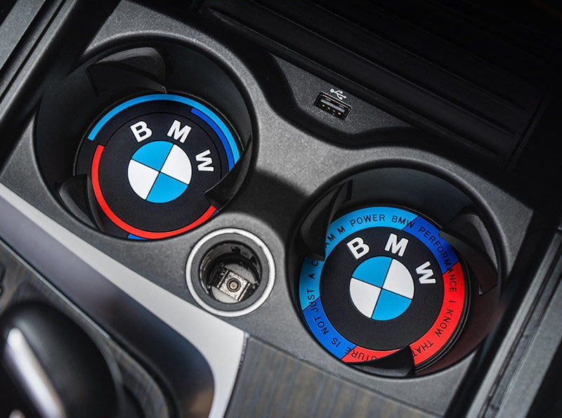 BMW M logo cup holder coasters, silicone insert in center console